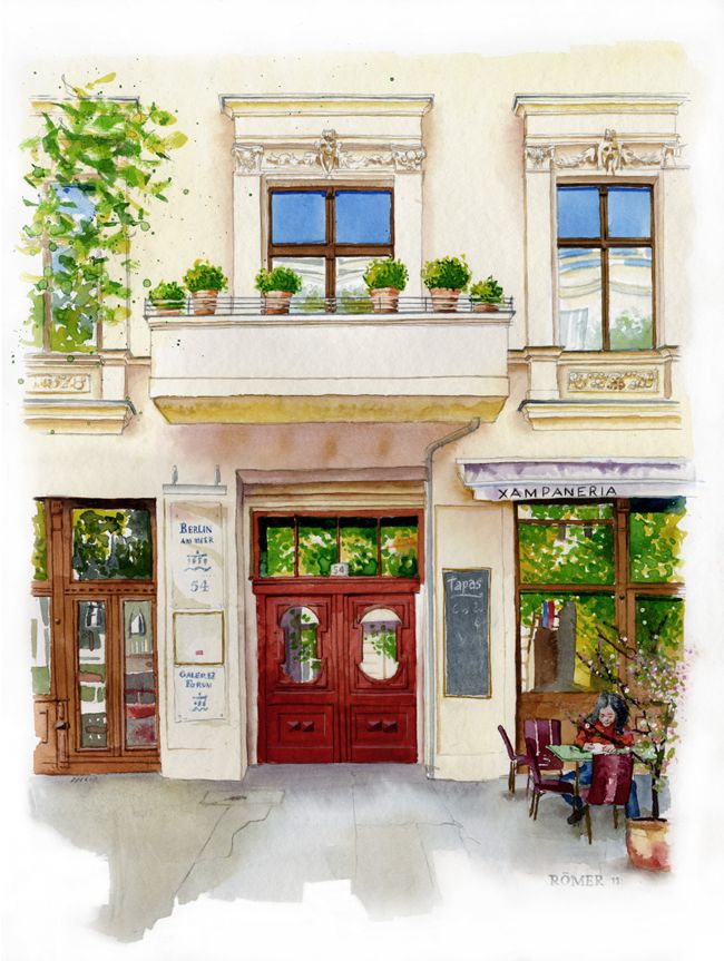 Haustür in der Kollwitzstrasse in Berlin. Aquarell