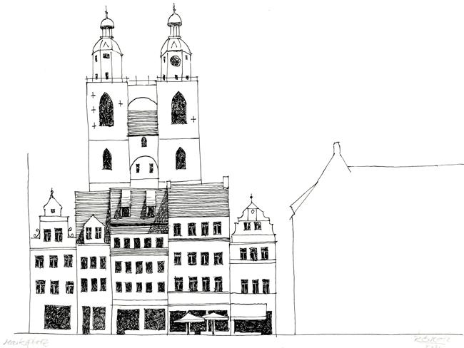 Stadtkirche Wittenberg vom Markt aus gesehen. Tusche auf Papier