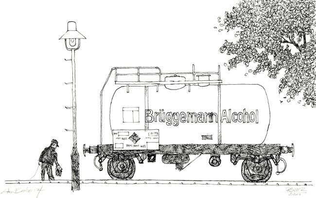 Kesselwagen am Bahnhof. Tuschezeichnung