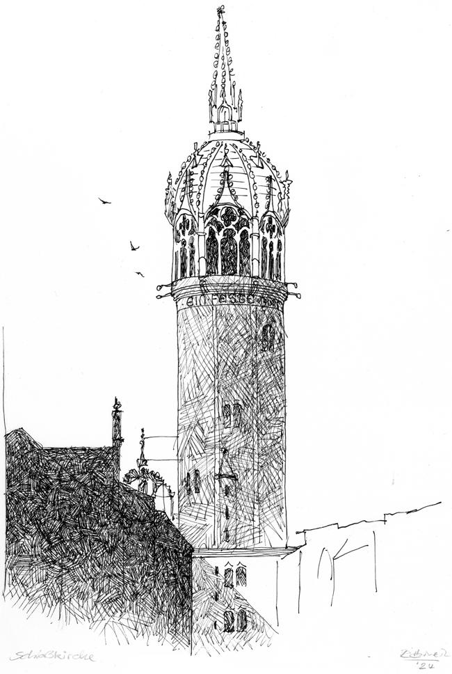 Turm der Schlosskirche in der Strassenflucht. Federzeichnung auf Papier