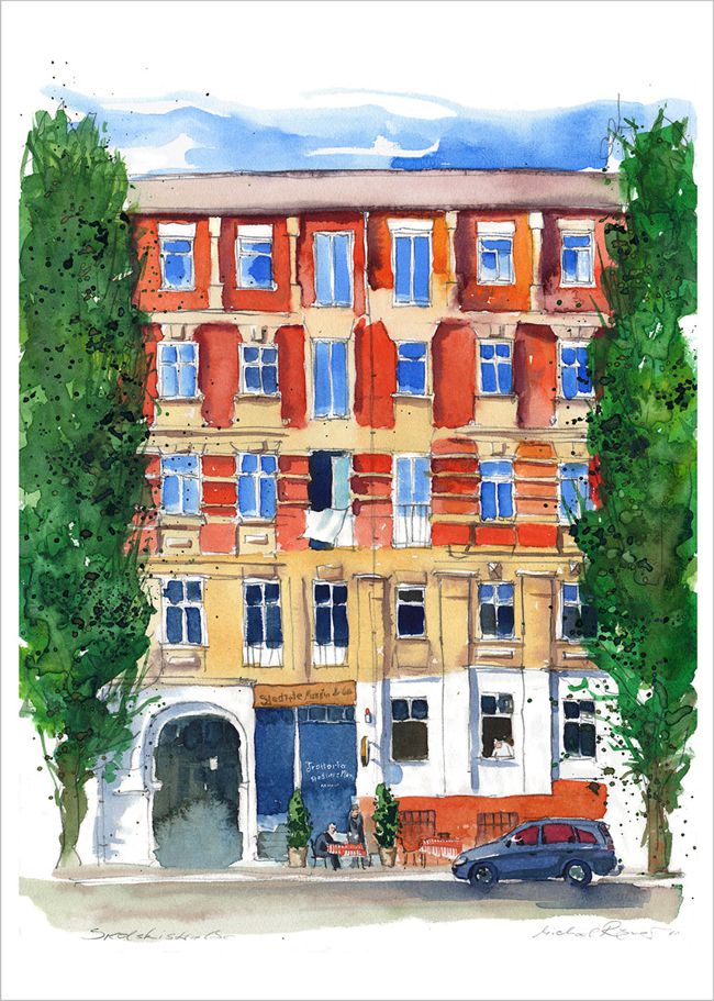 Berlin, Sredzkistrasse. Fassade mit Pappeln. Aquarell