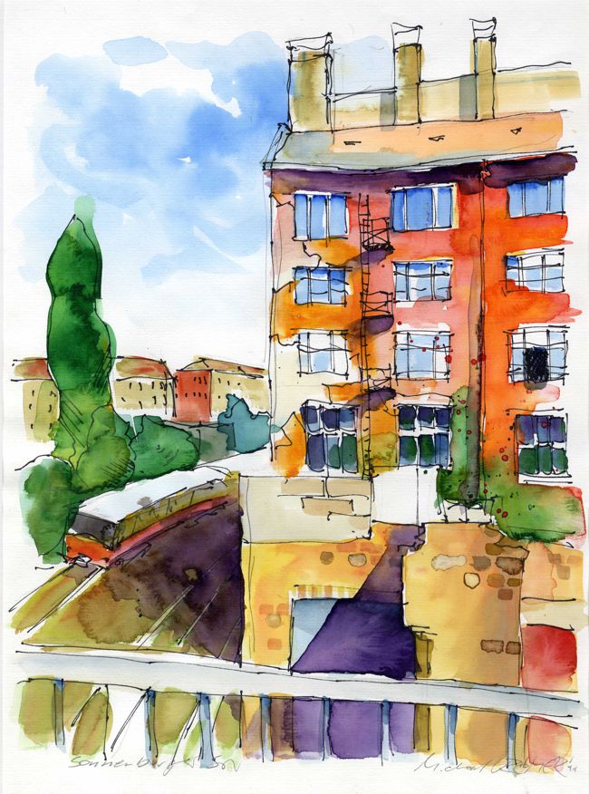 Sonnenburger Strasse, Berlin. Aquarell. Alte Fabrikfassade und S-Bahngleise, nahe Schönhauser Allee