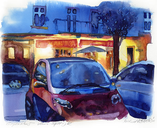 Das Aquarell zeigt eine Berliner Straßenansicht in der Dämmerung. Der Blick führt über die Straße zu einem hell erleuchteten Restaurant
