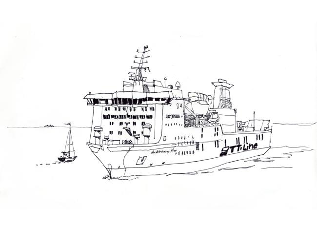 Auf der Fahrt von Warnemünde nach Gedser begenet uns die Fähre huckleberry finn. Zeichnung Fineliner.