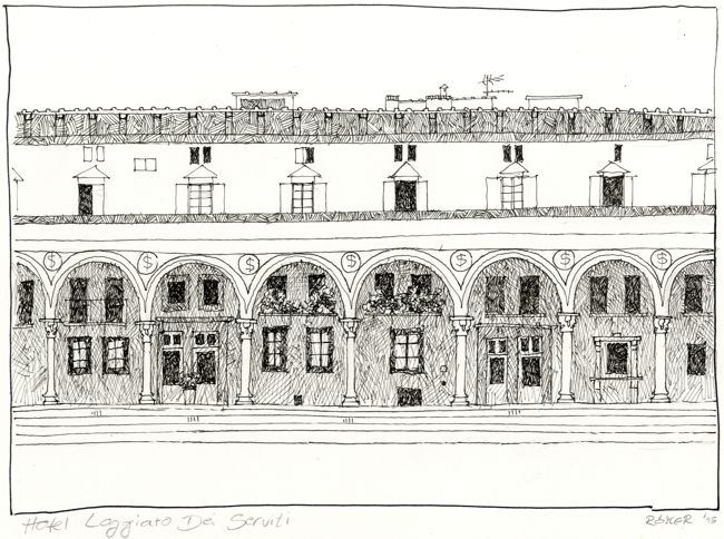 "Loggiato dei Serviti" Zeichnung Finieliner. Zeigt die Fassade des Renaissance-Baues.