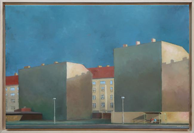 Strasse, Öl auf Leinwand. Das Bild zeigt eine Berliner Stadtlandschaft. Blich auf Brandmauern die in Innenhöfen aufragen