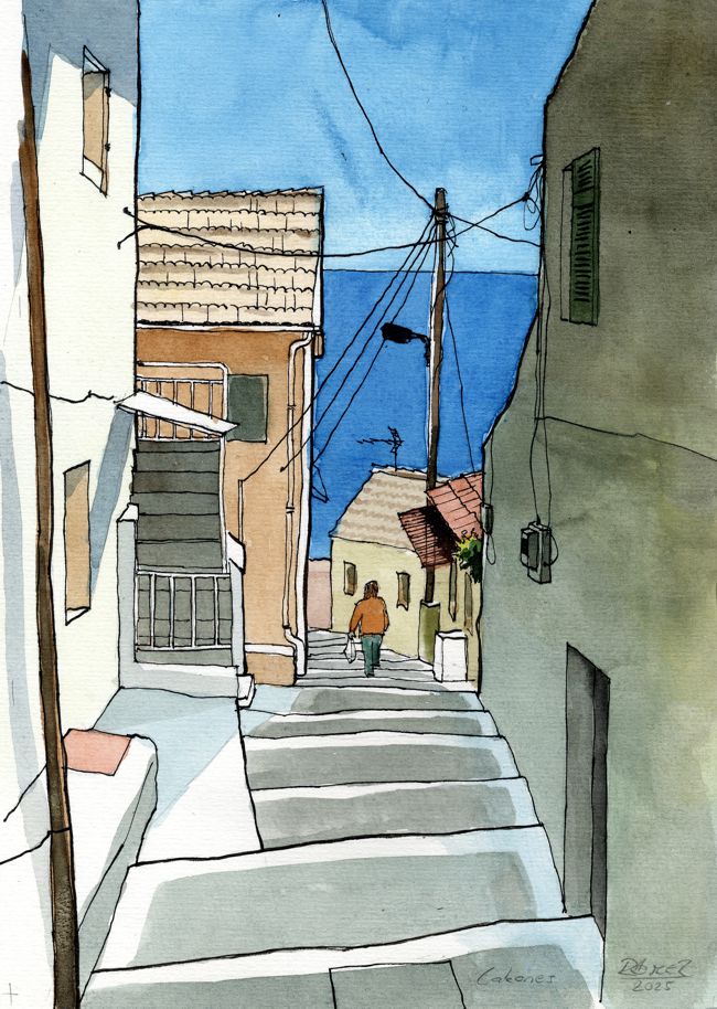 Lakones Aquarell Michael Römer 2025. Lakones ist eines der Bergdörfer, durch die Touristen auf ihrem Weg zu den Stränden gern ohne anzuhalten, durchfahren. Dabei lohnt ein Spaziergang. Die Dörfer sind fast Menschenleer. Manch Gassen geben diesen Blick zum Mittelmeer frei. 