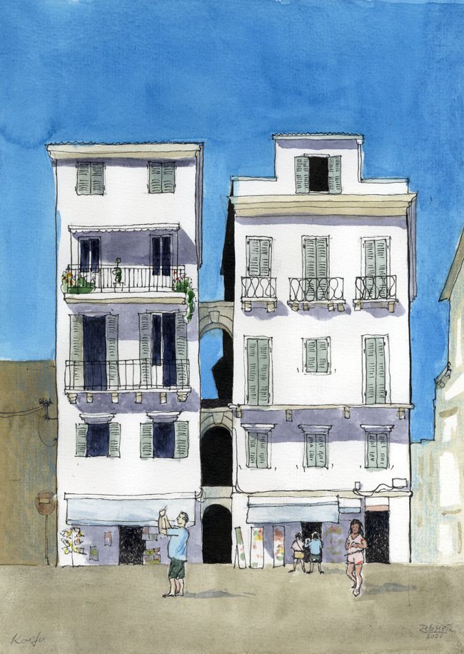 Korfu Aquarell Michael Römer 2025. Korfu war lange Zeit unter Venezianischer Herrschaft. Die Altstadt ist von dieser Architektur geprägt. 