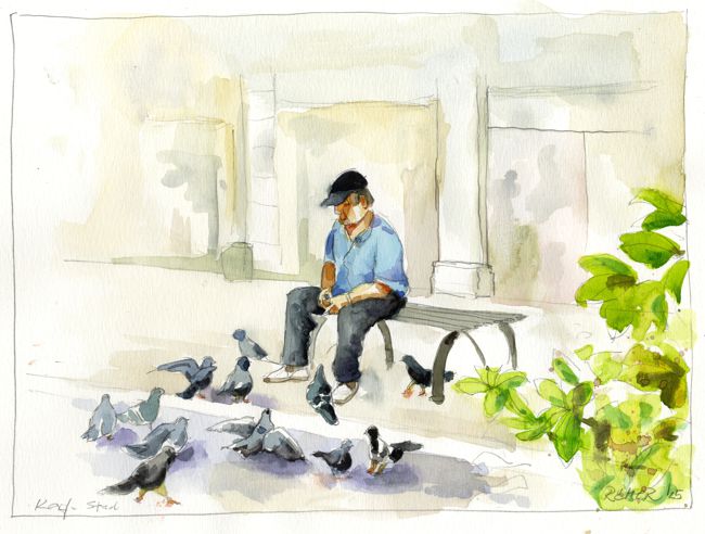 Taubenfütterer. Aquarell Michael Römer. Ein typisches Bild in Korfu. Die Menschen füttern Tauben und Katzen. Es gibt auch kleine Hütten für Katzen. Dieses Bild strahlt auch die Ruhe der Leute auf Korfu aus. 