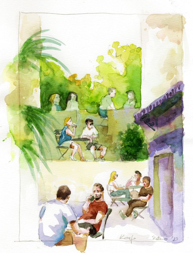 Bei einem Spaziergang in Korfu-Stadt entdecke ich viele angenehme Orte. Korfu-Sctraßencafé ist der Titel dieses Aquarells. Es ist der Blick in eine Straßenflucht, in der Gäste beim Kaffee sitzen. Das Café entwickelt sich nach hinten hin terassenförmig. Die Leute sitzen auf verschiedenen Ebenen. Ein typisches Bild auf Korfu, was der bergigen Landschaft geschuldet ist. 
